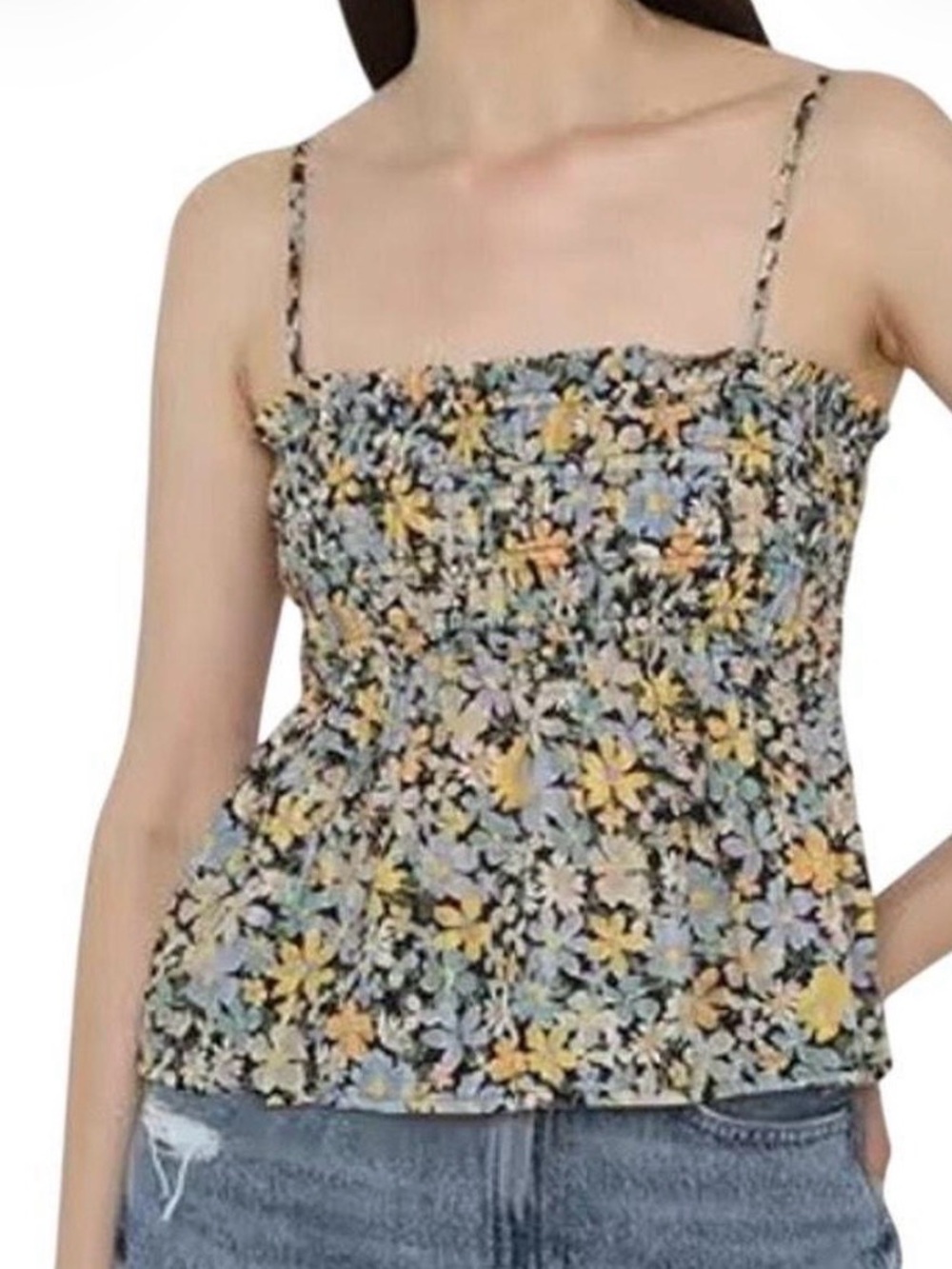 American Eagle Outfitters Floral Smocked Cami - Yellow, Blue, Black